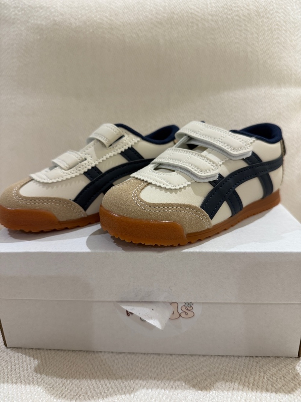 Onitsuka Tiger Kids Cream and Navy Velcro Sneakers
